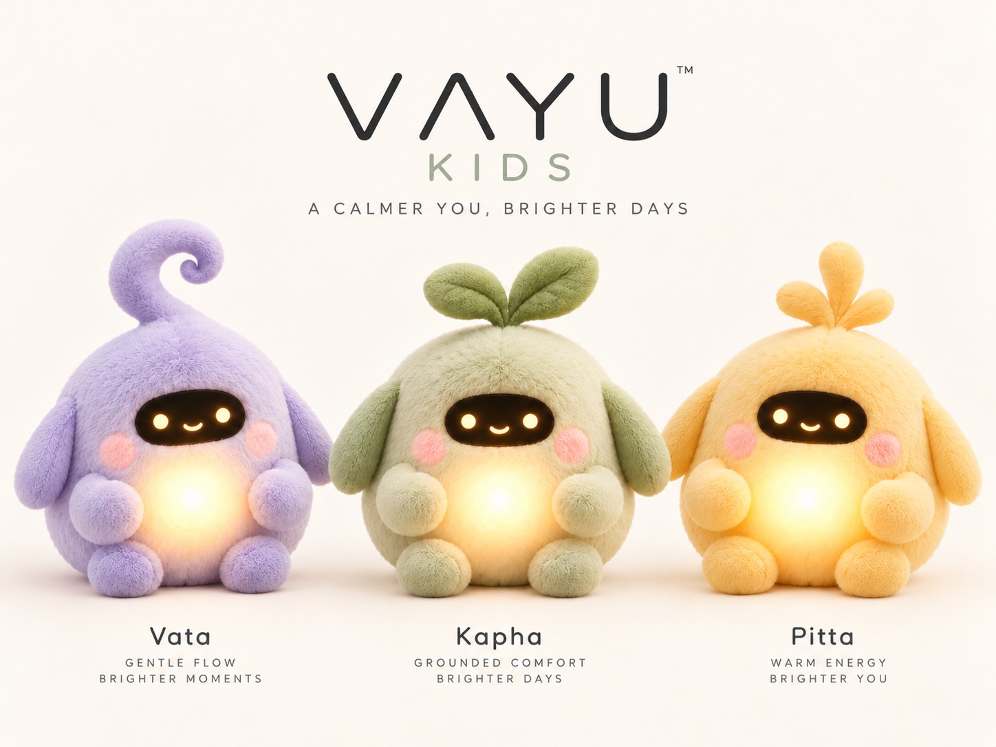 The three Vayu Kids companions: Vata in soft purple, Kapha in sage green and Pitta in pale yellow